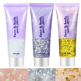 Go Ho White Silver and Gold Body Glitter Set,Singer Concerts Face Glitter Gel Makeup,Holographic Long Lasting Chunky Sequins Glitters for Eye Lip Hair Nails,Festival Rave Accessories