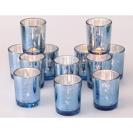 Volens Blue Votive Candle Holders Bulk, Mercury Glass Tealight Candle Holder Set of 12 for Wedding Centerpiece Table Decorations, Bridal Shower and Home Decor