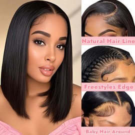 Bob Wig Human Hair 13X4 HD Transparent Human Hair Bob Lace Front Wigs 180% Density Short Straight Frontal Bob Wigs for Black Women Natural Black 12 Inch