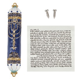 NICENEEDED Hand Painted Mezuzah, Blue Crystal House Warming Blessing Item, Black and Gold Enamel Mezuzah Plaque Jewish Mezuzah Cases with Scroll for Decorating House