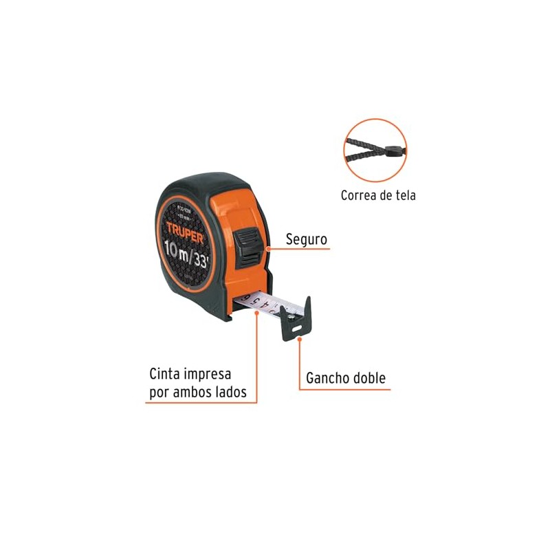 Truper FCG-10M Flexómetro compacto 10 m con grip cinta 25