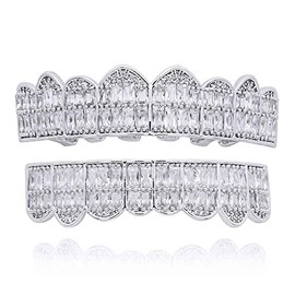 Psivika Diamond Grills Gold Plated Shiny Hip Hop Teeth Grillz Caps Iced Out CZ Top and Bottom Vampire Fangs Grillz for Men and Women (Silver)