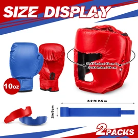 Kanayu 12 Pcs Kids Boxing Equipment Set for Beginners Ages 6-18 Years Including Boxing Helmet and Gloves Hand Wraps Sport Mouthguards Taekwondo Sparring Gear for Kids and Children(Blue, Red)