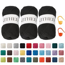 Cotton Chainette Yarn,4 Medium (Worsted)-10oz,3 Pack,Knitting Yarn for Beginners,Thicker Yarn for Crocheting and Knitting (04 Black)