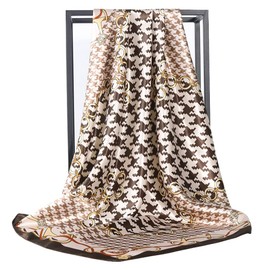 35 inches Silk Feeling Formal Large Square Neck Scarf Head Hair Wraps Handkerchief for Women Girls(Houndstooth，Coffee)