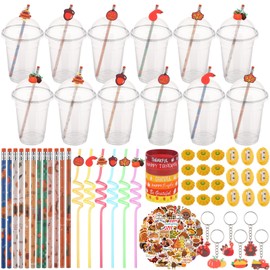 XEQWZVFR 194Pcs-24Sets Thanksgiving Party Favors Fall Pumpkin Stationery Set Happy Thanksgiving Day Stamps Pencils Sharpener Erasers Stickers Cups for Autumn Harvest Exchange Gift Prizes Decor