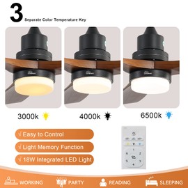 Sofucor Sofucor 52" Ceiling Fan with Lights Remote Control, 3 Poles for Indoor Outdoor Ceiling Fan with Remote, Reversible Noiseless ETL Motor, 3 Walnut Wooden Blades