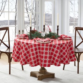 Elrene Home Fashions Sherwood Tree Dobby Christmas/Holiday Cotton Round Tablecloth, 70"x70", Red