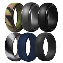 Anillo de boda de silicona para hombre, 6 unidades de bandas de silicona transpirables de silicona duradera – 8,7 mm de ancho (camuflaje, azul marino, gris oscuro, negro), Camo ,Blue,Dark Grey,Black, Size 9 - (18.95 mm)