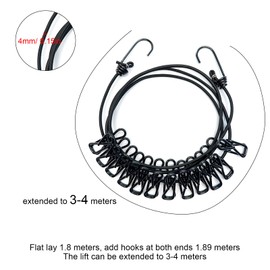 CHSEROK Travel Washing Line, 1.8 m Long Camping Clothesline, Windproof Washing Line with 12 Clips, Suitable for Indoor, Outdoor, Balcony, Outdoor Camping