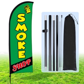 Buryeah Smoke Shop Sign Advertising Feather Banner Kits for Business 7 x 5.4 ft Feather Flag with Flag Pole Ground Stake Portable Smoke Shop Signs Flag Banner for Outside Business(Green)