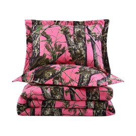 Chezmoi Collection Salem 2-Piece Cabin Lodge Forest Woods Comforter Set - Nature Camo Tree Leaves Printed Soft Microfiber Bedding - Pink, Twin