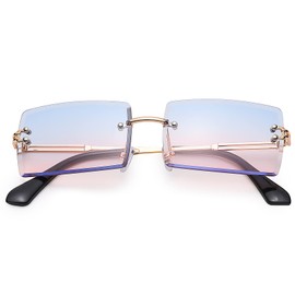 Rectangle Sunglasses for Men/Women Small Rimless Square Shade Eyewear (Blue Pink)