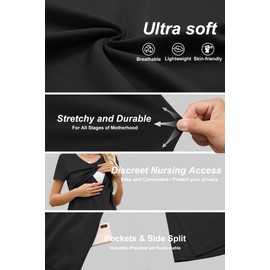 OUGES Womens 2025 Summer Short Sleeve Maternity Dress V Neck Split Long Midi Nursing Dresses Breastfeeding Trendy Pregnancy Must Haves Clothes with Pockets(Black,S)