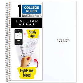 Five Star Spiral Notebook + Study App, 1 Subject, College Ruled Paper, 8-1/2" x 11", 100 Sheets, Fights Ink Bleed, Water Resistant Cover, White (72456)