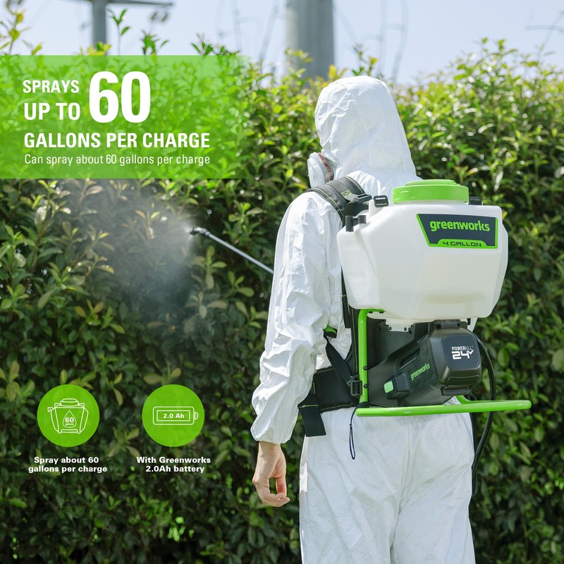 Greenworks 24V Cordless Backpack Sprayer (4 Gallon / 5 Tips