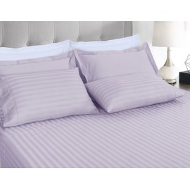 Threadmill Home Linen 500 Thread Count Deep Pocket Queen Sheet Sets - 100% ELS Cotton Sheets for Queen Size Bed, Luxury Hemstitch 4 Piece Bedding Set, Smooth 2CM Damask Stripe Sateen, Lilac
