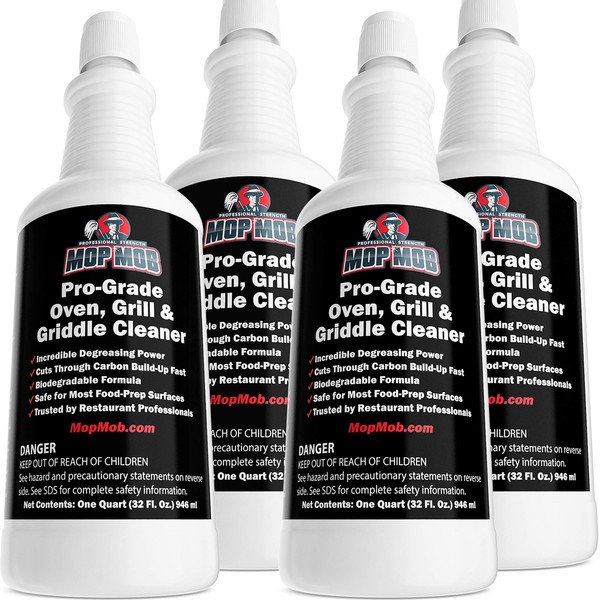 Commercial Grill and Oven Cleaner 32oz Concentrate 4pk. Heavy-Duty Fast-Acting Degreaser Solution Removes Carbon, Grime, Burnt Food and Oil for Griddles Fryer Baskets and Kitchen Cooking Surfaces.