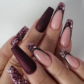 24 Pcs Glitter French Press on Nails Medium Square - WLGDLH Coffin Fake Nails Nude False Nails with Full Glitters Design Glossy Red Nail Tips Full Cover Acrylic Glue on Nails for Women