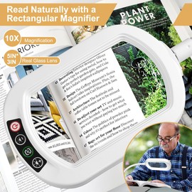 Veemagni 10X Rectangle Magnifying Glass with Light and Stand, Flexible Gooseneck LED Lighted Desk Lamp, 5 Color Modes Stepless Dimmable, Hands Free Magnifier for Reading Painting Close Work - White