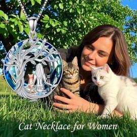 TOUPOP Cat Necklace for Women Tree of Life Pendant Necklace Sterling Silver Black Cat Jewelry Birthday Mothers Day Gifts for Mom Daughter Her