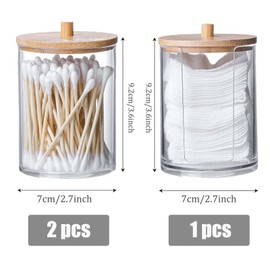 lankai Pack of 3 Cotton Buds Holder, Qtip Holder for Cotton Balls, Transparent Round Cotton Buds Case Made of Acrylic, for Make-Up, Home, Office, Bathroom Storage, with Bamboo Lids