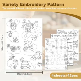 DOODLREAM 42Pcs Bee Tracks Water Soluble Hand Sewing Stabilizers, 21 x 29.7cm Bee Hive Word Embroidery Pattern Stabilizer, 4 Sheets Inect Stick and Stitch Embroidery Paper Sticker