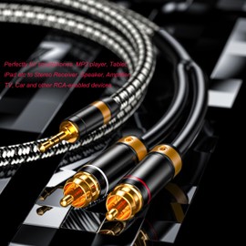 Primeda Audiophile 3.5mm male to 2 RCA male cable 1M, Stereo Audio adapter Silvered-Plated Copper core for Smartphones Tablets Speakers HDTV and More