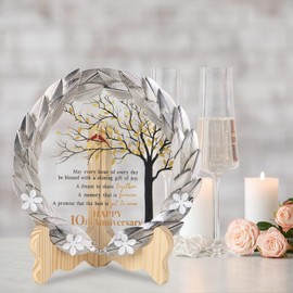 10th Anniversary Wedding Gifts Crystal Plate with Tin Leaf Wreath - 10 Years Anniversary Wedding Unique Gifts Ideas for Parents Couple - Cardinal Style