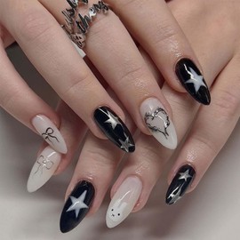 Black Press on Nails Medium Almond Fake Nails Star False Nails Heart with Bow and Rabbit Design White Acrylic Nails Artificial Nails Glossy Stick on Nails for Women Girls Manicure Art 24Pcs