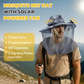 Mosquito Net Hat with Solar Powered Fan - 2 Solar & USB Fans Wide Brim Cooling Hat with Bug Netting, Adjustable Solar Fan Fishing Hat for Men Women Outdoor Hiking Camping Gardening Summer Grayink