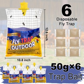 Disposable Fly Traps 6 Pack Bags Outdoor, Flies Catcher Traps with Natural Pre-Bait Refill Repellent, Stable Horse Ranch Trapper Outdoor Hanging Fly Killer Helps Catch Flies