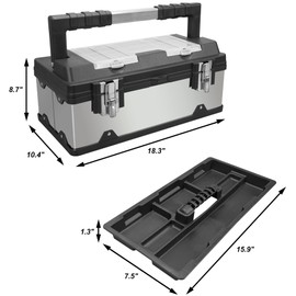 BIG RED A5519BR Torin 19" Stainless Steel and Plastic Portable Storage Tool Box Organizer with Metal Lock, Multiple Compartments, Clear Lid and Removable Trays - Stainless Steel/Black