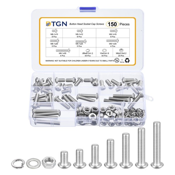 DTGN 150Pcs M6-1x10/12/16/20/25/30/35mm Button Head Socket Cap Screws - 304