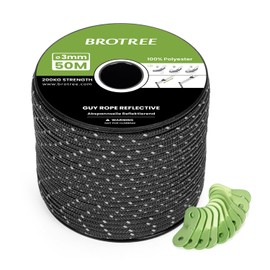 BROTREE Tent Guy Rope 3mm 50m Reflective Guy Line Heavy Duty Guide Rope with 10Pcs Aluminum Tensioners for Tent Gazebo Awning Camping (Black)
