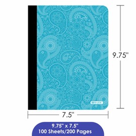 BAZIC Composition Book College Ruled, 100 Sheets Paisley Notebook, Designed Journal Comp Lined Notebooks for Office School, Assorted Color, 6-Pack