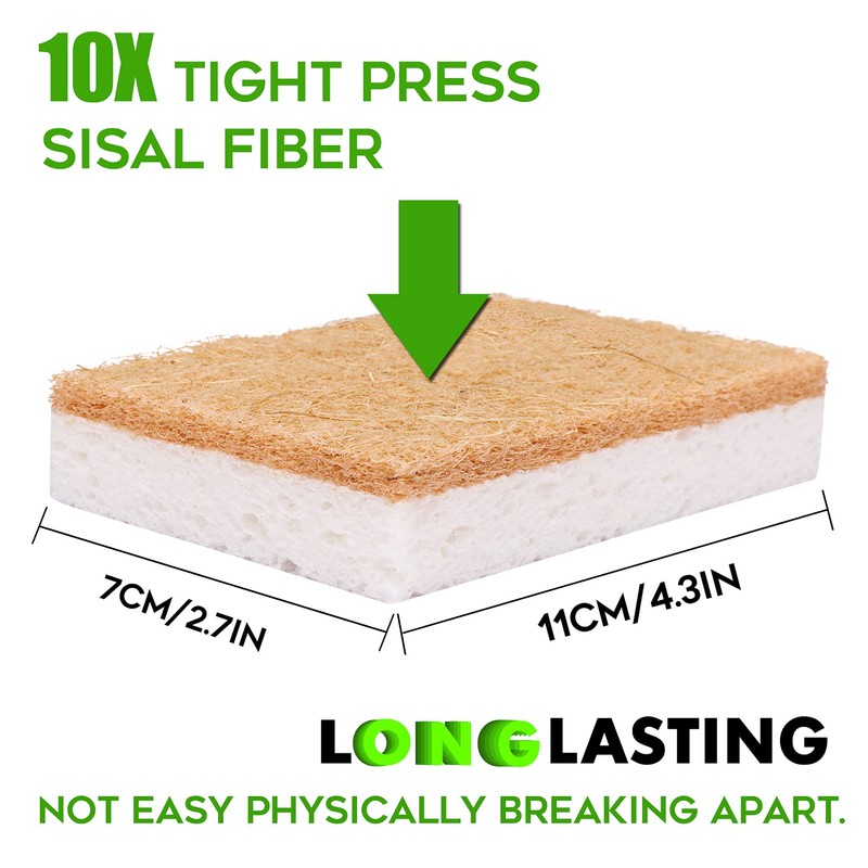 Natural Sponge Kitchen 12Pack,Eco Friendly Non-Scratch Scrub Sponge,Biodegradable Sisal Scrubber