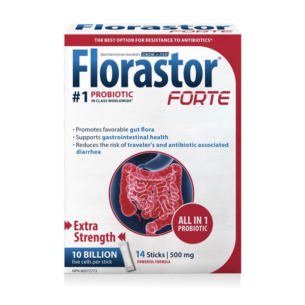 Florastor Forte - Saccharomyces Boulardii CNCM I-745 - Daily All in One Probiotic - Gut Health & Digestive Support - Supports Immune System - Extra-strength - Traveler's diarrhea - 14 Powder Sticks