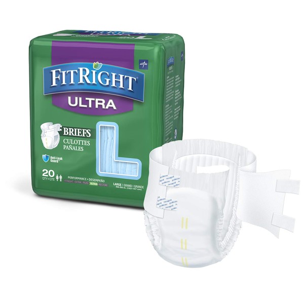 FitRight Ultra Adult Diapers, Disposable Incontinence Briefs with Tabs, Heavy Absorbency, Large, 48"-58", 4 packs of 20 (80 total)