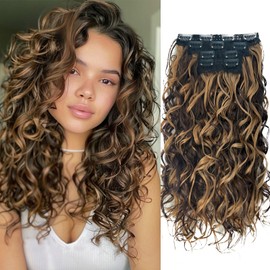 LEOSA Curly Hair Extensions, 4PCS 16 inch Clip in Hair Extensions Short Soft Natural Hairpiece Lace Weft Curly Wave Clip Ins Extensions Invisible for Women,Chocolate Brown with Honey Blonde