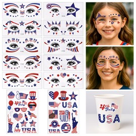 12 Sheets Fourth of July Temporary Tattoos Set-10 Face Tattoos+2 Random USA Sticker-Waterproof, Skin-Friendly Red White Blue Designs for 4th of July Independence Day, Parades & Parties-Kids & Adults