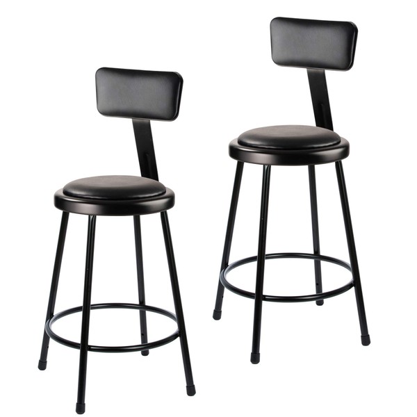 OEF Furnishings (2 Pack) Black Vinyl Padded Stool with Backrest, 24" High OEF6424B-10/2