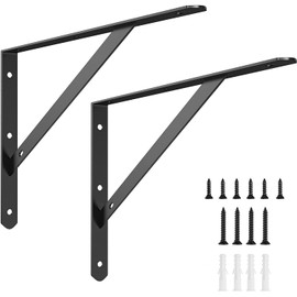 10 Inch Shelf Brackets, 2 Pack Heavy Duty L Brackets for Shelves, 90 Degree Triangle Metal Supports for DIY Floating Shelf with Screws ( Black)