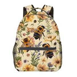 MIEPOS Retro Bee Backpack,Wildflower Cream Polyester Backpacks,Lightweight Double Shoulder Back Pack for Girls Women,Vintage Nature Bookbag,School Bag Gifts,Casual Travel Daypack Book Packs