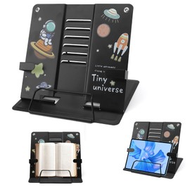 HENGBIRD Reading Stand Children's Book Stand Bookend Metal Foldable Book Holder with Astronauts, Space, Rockets, 6 Levels Portable Adjustable Reading Holder for Study, Work, Reading