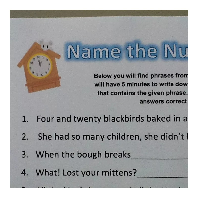 Unbranded 20 Sheets Nursery Rhyme Baby Shower Game + Answers