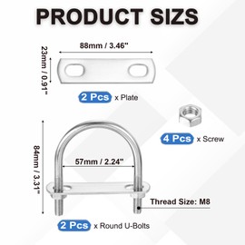 PATIKIL Round U-Bolts, 2 Pcs 2.24"(57mm) Inner Width 84mm Length M8 with Nut Plate Washer 304 Stainless Steel Round Bend U-Bolts for Boat Trailer Axle Sailboat