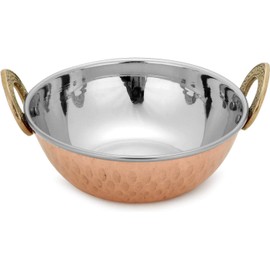 AVS STORES ® Set of 4, Indian Copper Serveware Karahi Vegetable Dinner Bowl with Solid Brass Handle for Indian Food, Diameter- 13 cm (5.2 Inches), Silver