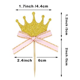 Bokinyoung Adornos para cupcakes con corona de princesa con lazo rosa y corona de oro para niñas, 30 unidades