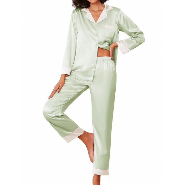 Ekouaer Silk Satin Pajamas Long Sleeve Button Up Pjs 2